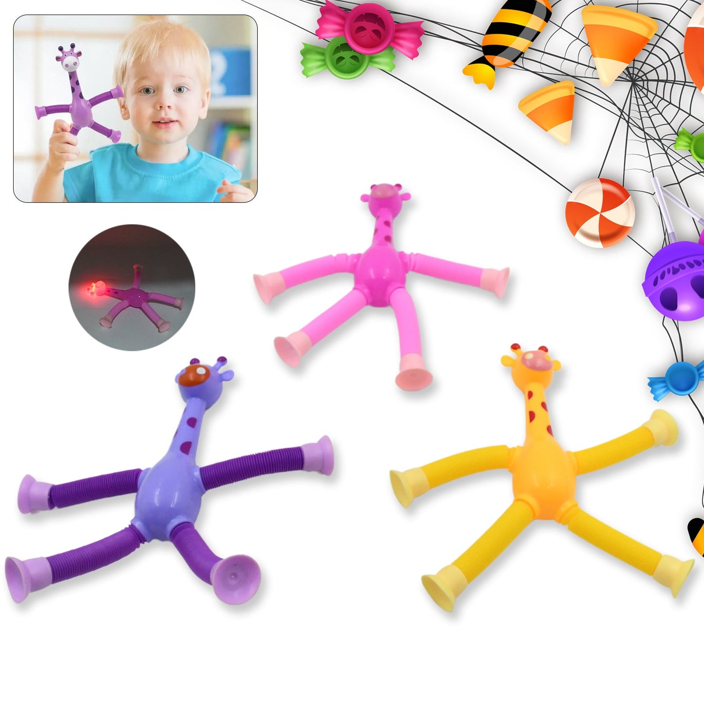 LED Telescopic Suction Cup Giraffe Toy, Tubes Fidget Toys, Shape Changing Telescopic Sensory Tubes Fidget Tubes Sensory Toys Suction Toy, Funny Gift (3 Pcs Set)