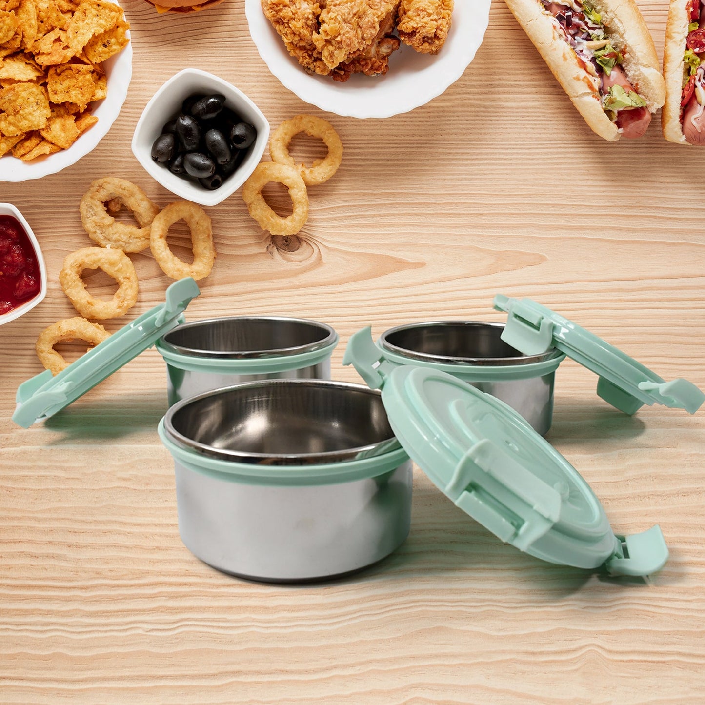 Ganesh 4In1 Tiffin Box-Lunch Box | 3 Stainless Steel Containers 300 Ml Approx & Plastic Salad Container 200 Ml Approx| Plastic lid Box | Round Zip Bag | Leak Proof | Microwave Safe for Office, College and School for Men, Women