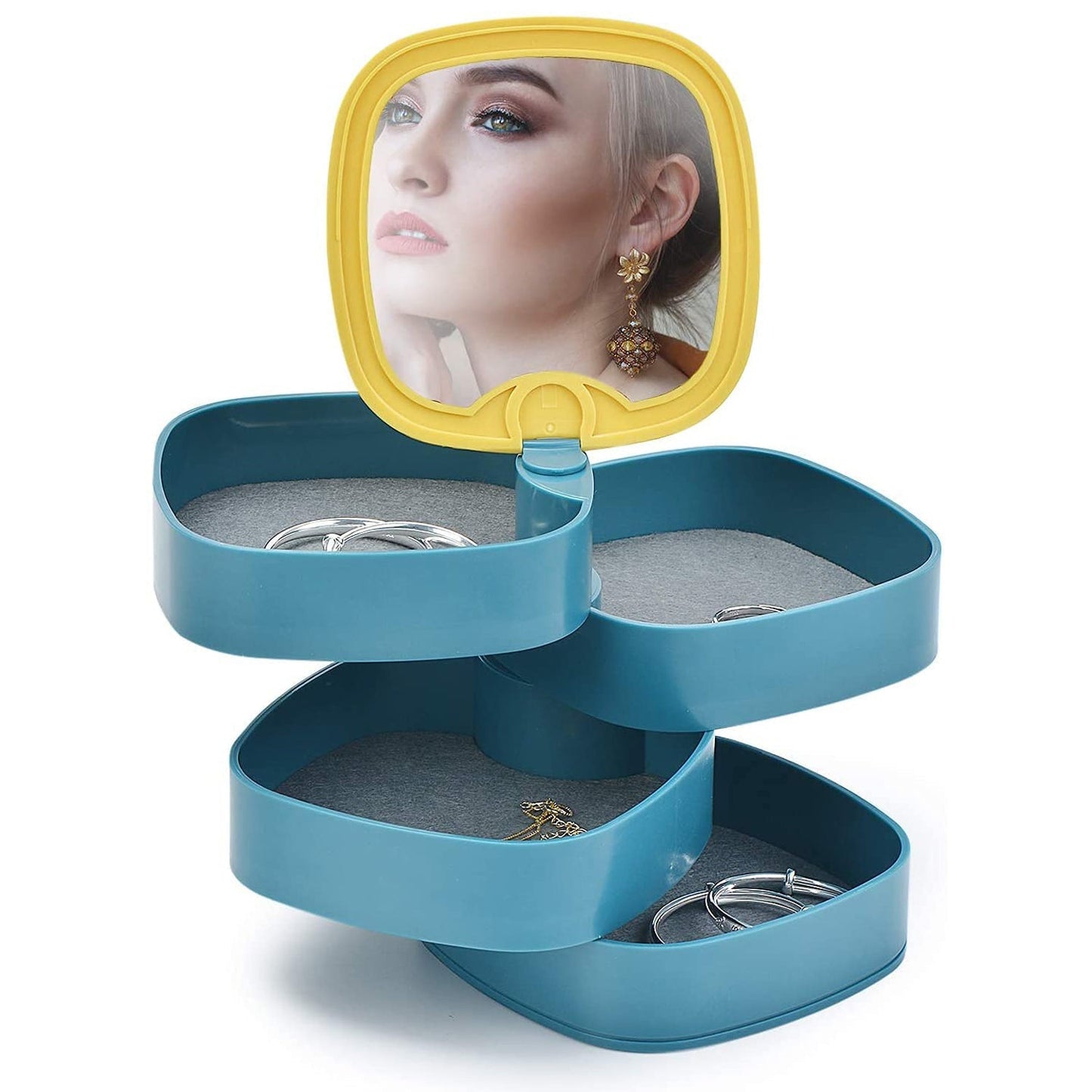 Jewelry box with open layers showing storage compartments
