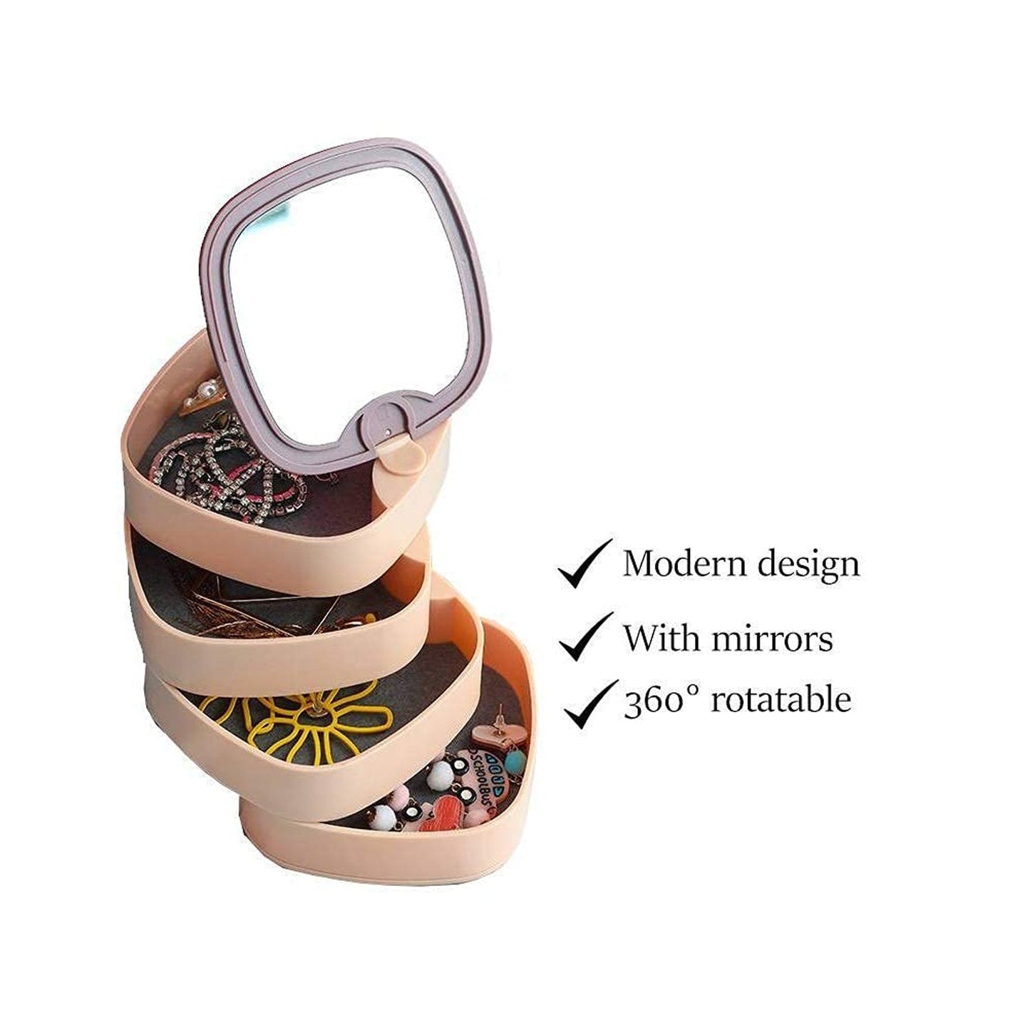 Rotating jewelry box with open layers, showing earring storage