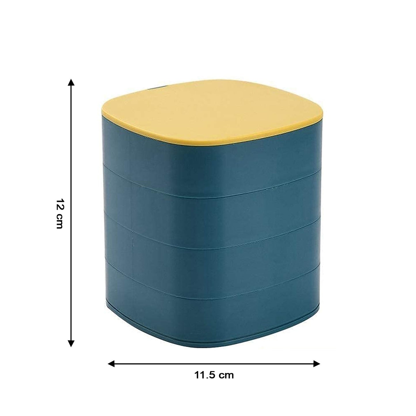 Side view of multicolor jewelry box with mirror and rotation feature