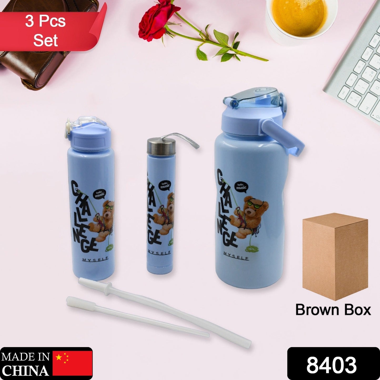 Plastic Water Bottle Set – BPA-Free, Leak-Proof, Cartoon Design for Kids & Gym (3 Pc Set)