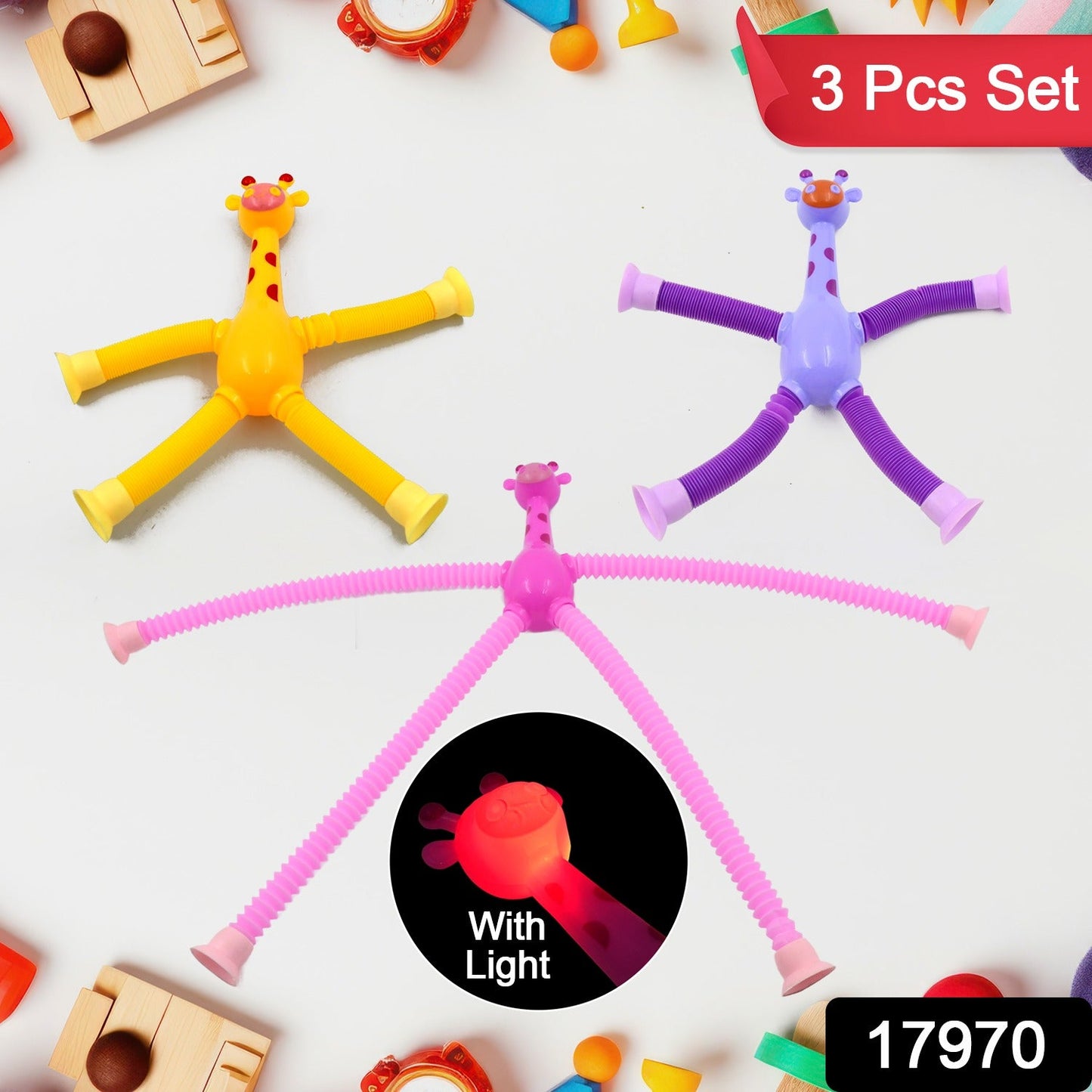 LED Telescopic Suction Cup Giraffe Toy, Tubes Fidget Toys, Shape Changing Telescopic Sensory Tubes Fidget Tubes Sensory Toys Suction Toy, Funny Gift (3 Pcs Set)