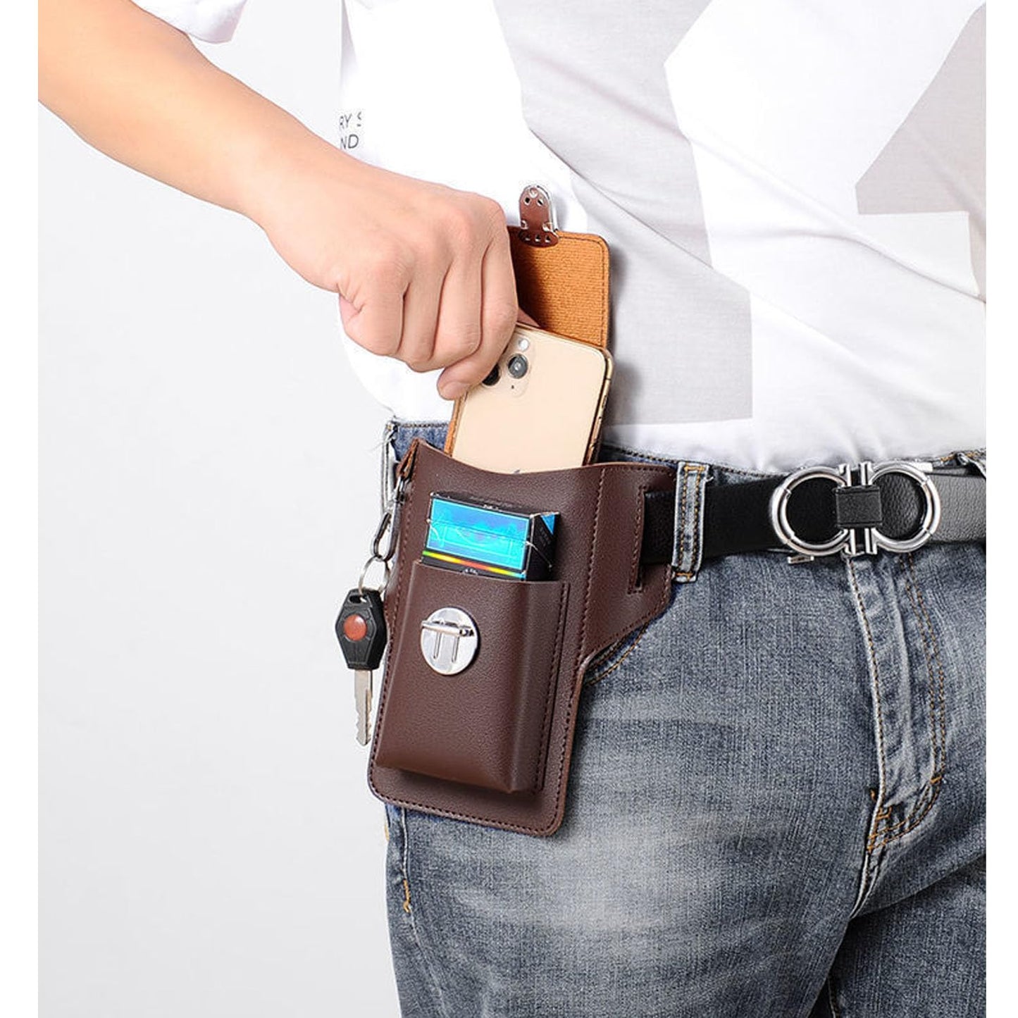 Leather Cell Phone Holster with Keychain Clip – Buy 1 Get 1 Free (Brown & Black Combo)