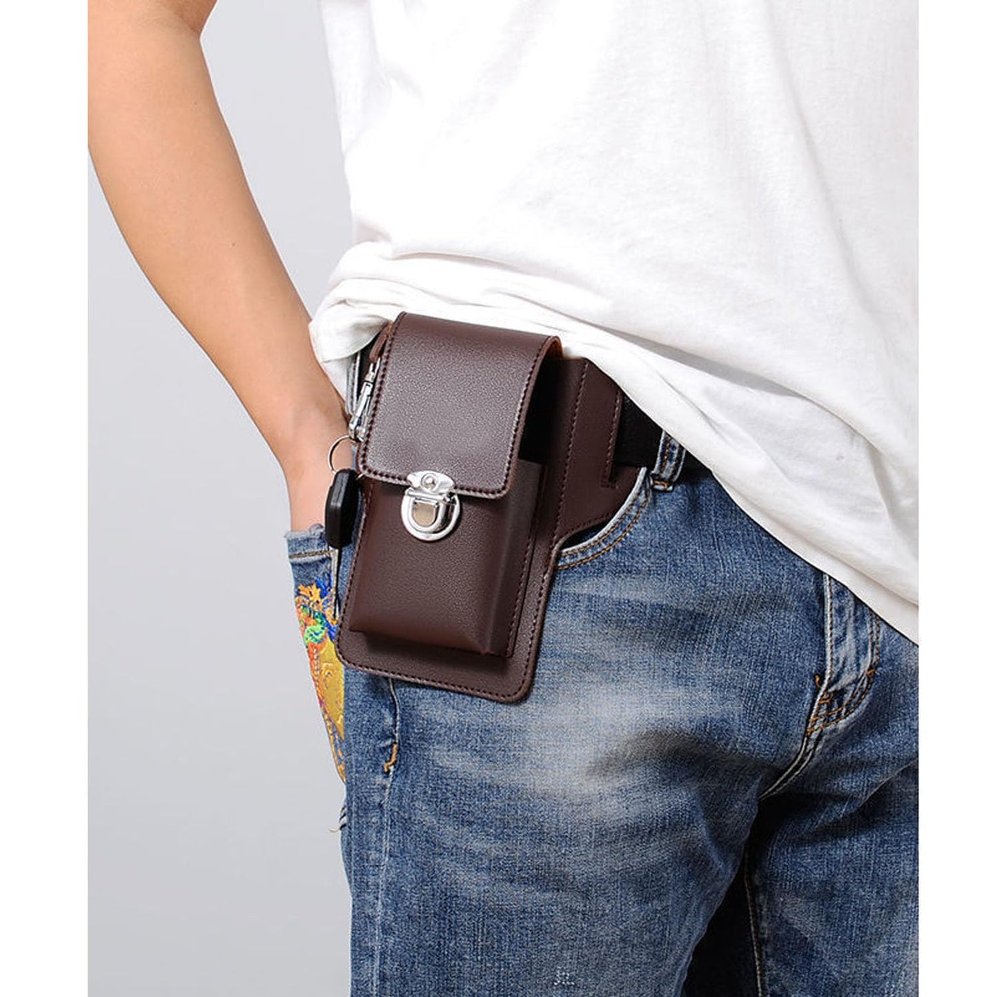 Leather Cell Phone Holster with Keychain Clip – Buy 1 Get 1 Free (Brown & Black Combo)