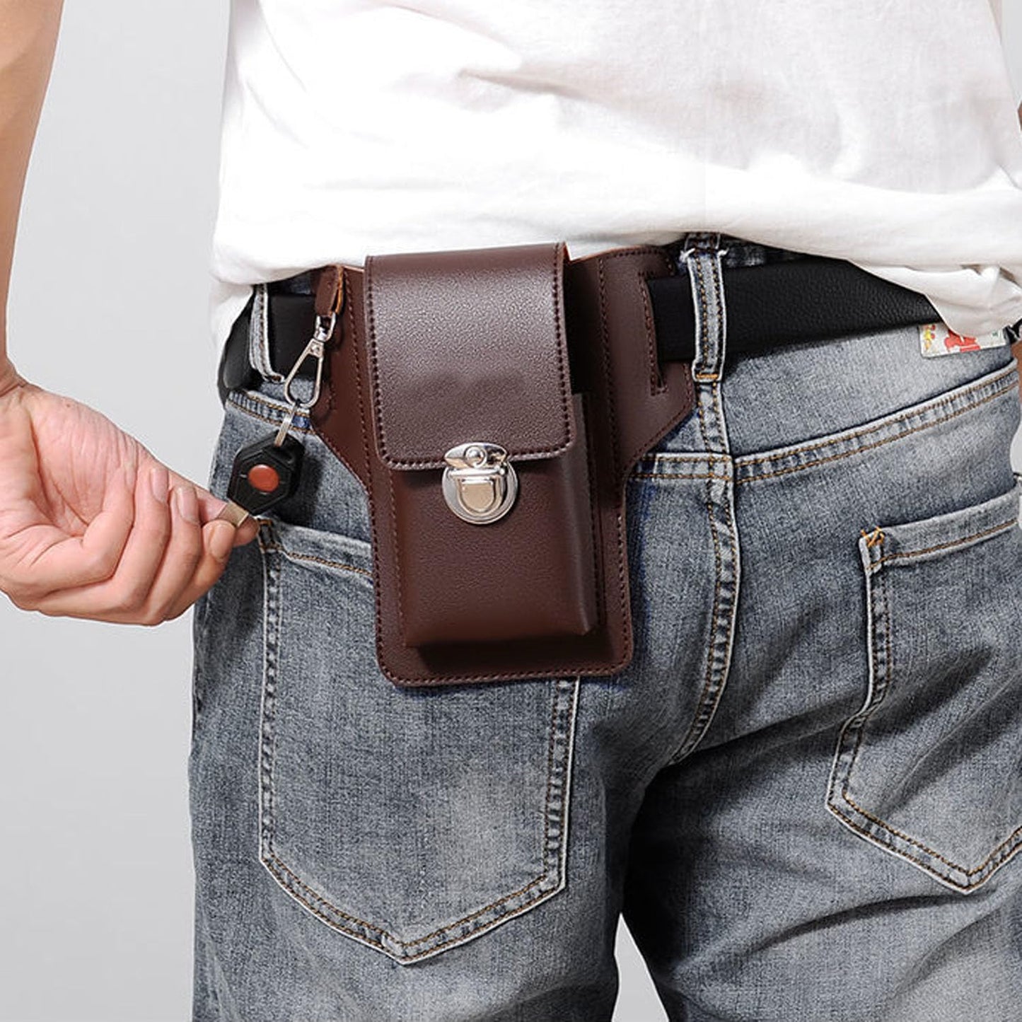 Leather Cell Phone Holster with Keychain Clip – Buy 1 Get 1 Free (Brown & Black Combo)