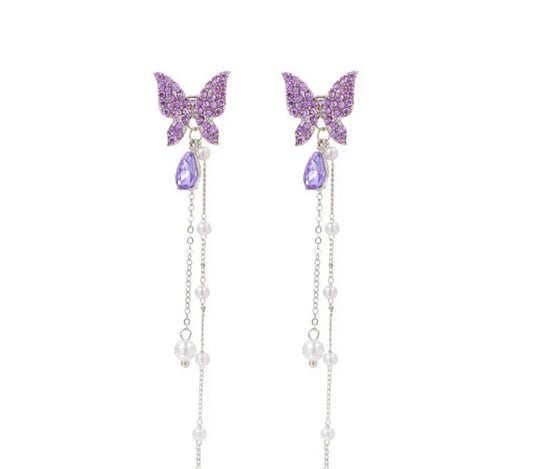 Purple Butterfly Gemstone Earrings – Elegant Pearl Tassel Danglers