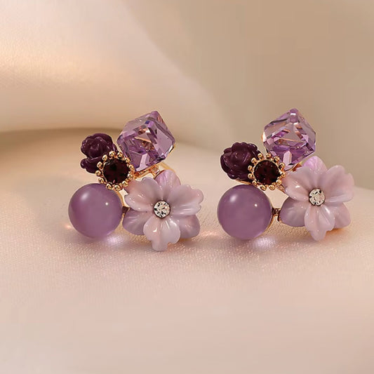 Purple Floral Gemstone Earrings – Elegant Gold‑Tone Danglers for Women