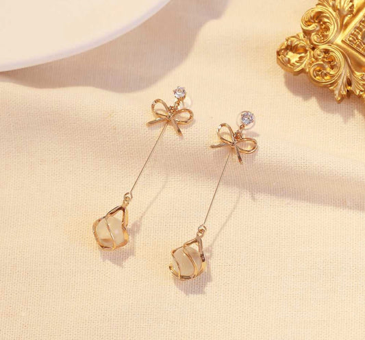 Gold Bow & Pearl Drop Earrings – Timeless Elegance for Women