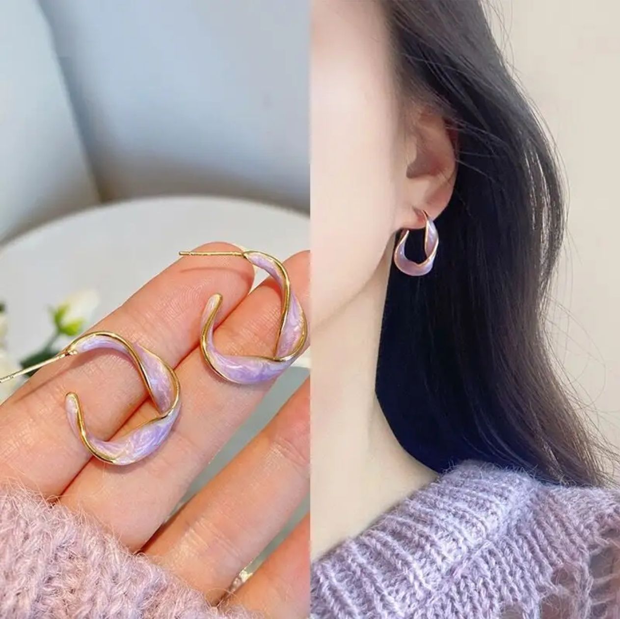 Lavender Enamel Twisted Hoop Earrings – Modern Elegance in Gold Tone