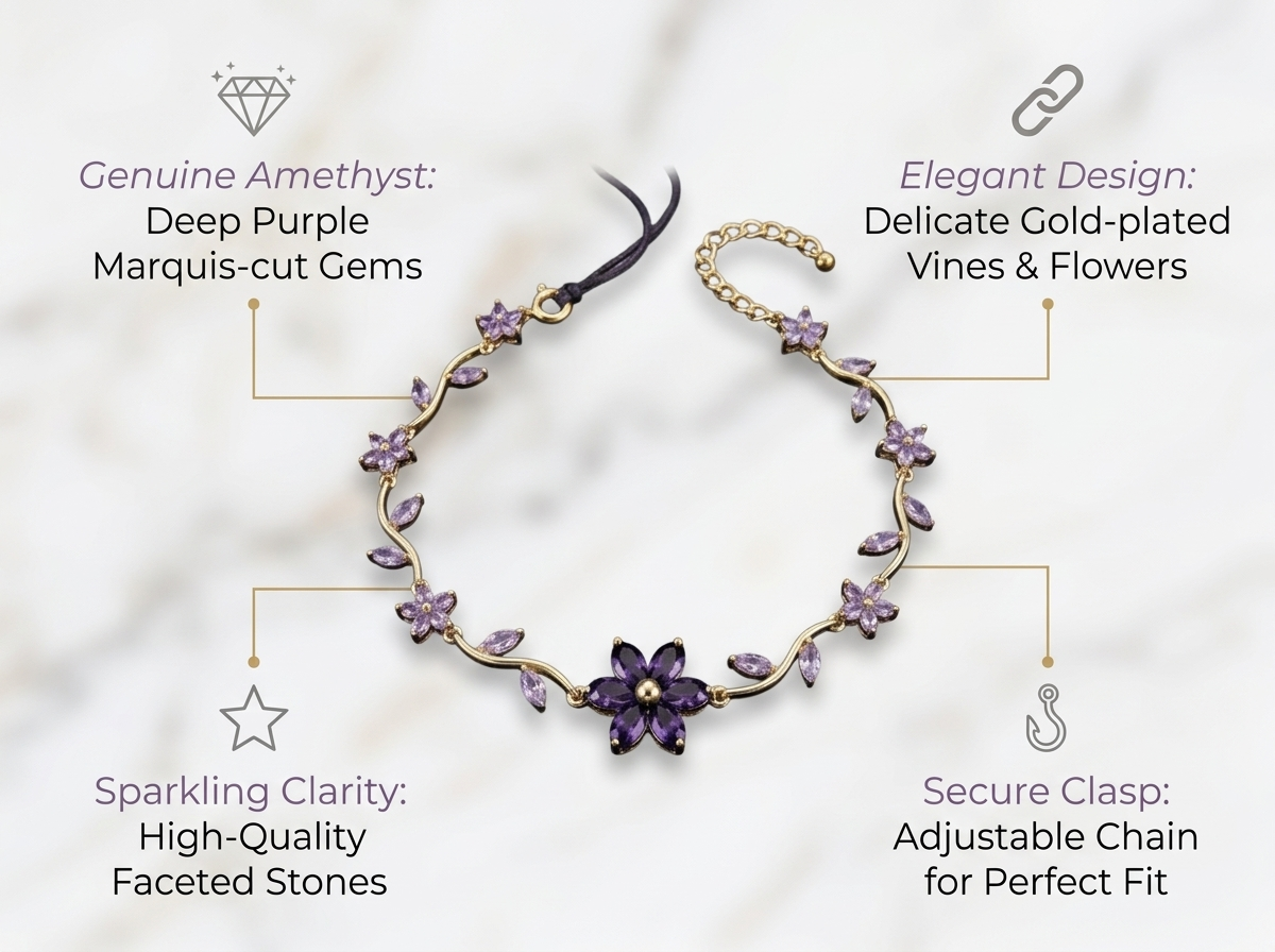 Detailed infographic showing genuine amethyst gems, delicate gold vines and flowers, sparkling clarity, and secure adjustable clasp