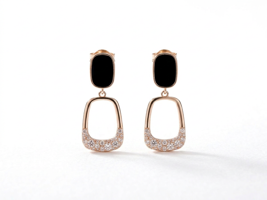 Black Stone & Gold Rectangular Drop Earrings – Modern Luxury Jewelry for Women