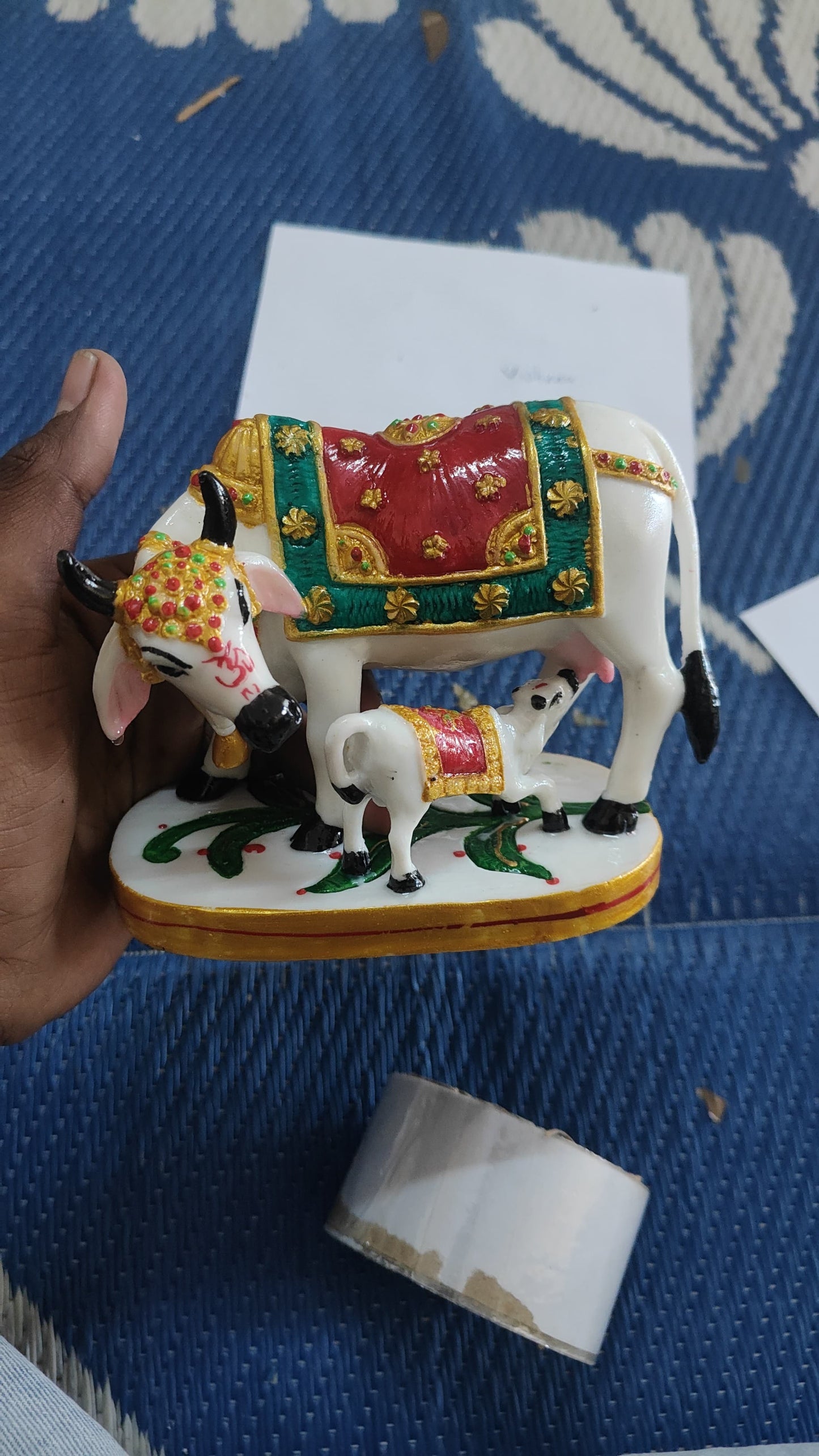 Cow With Calf Statue in Marble Dust, 9CM Holy Cow Idol, Showpiece