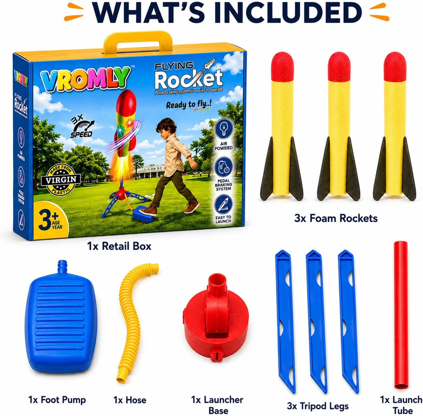 Jump Rocket Stomp Launcher and 3 Foam Tipped Rockets with Whistling Sound