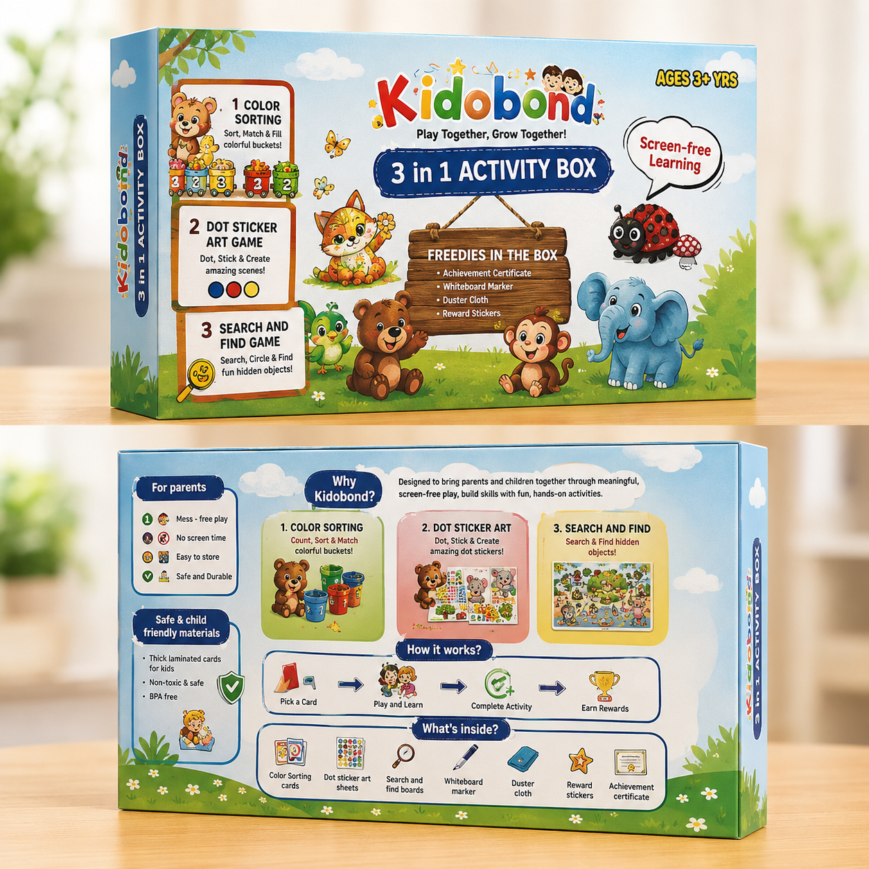 3-in-1 Learning & Activity Box – Sticker Art, Search & Find & Color Sorting (Ages 2-8)