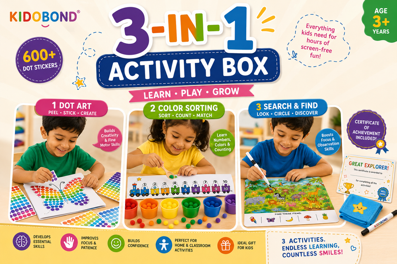 3-in-1 Learning & Activity Box – Sticker Art, Search & Find & Color Sorting (Ages 2-8)