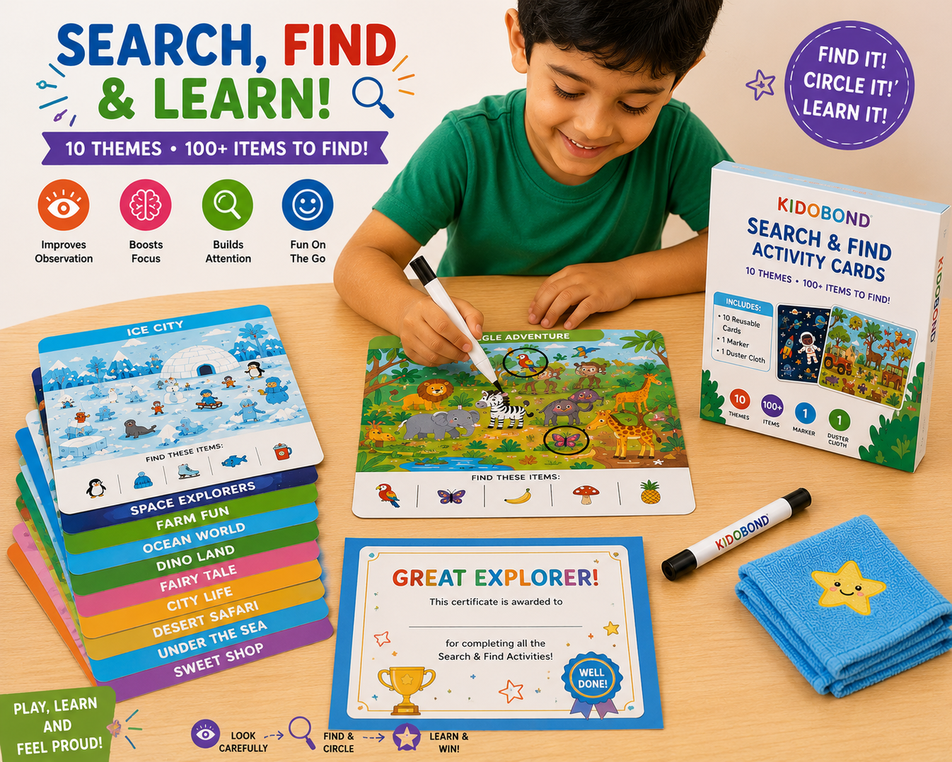 3-in-1 Learning & Activity Box – Sticker Art, Search & Find & Color Sorting (Ages 2-8)