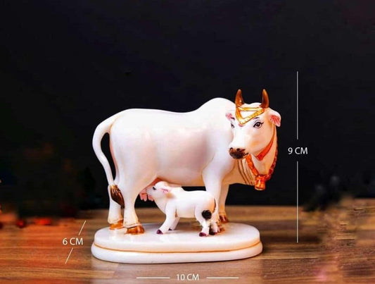 Cow With Calf Statue in Marble Dust, 9CM Holy Cow Idol, Showpiece