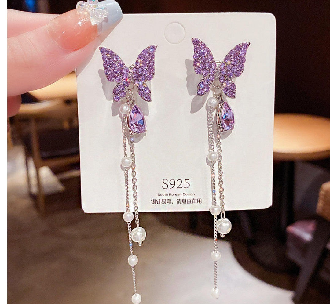 Purple Butterfly Gemstone Earrings – Elegant Pearl Tassel Danglers