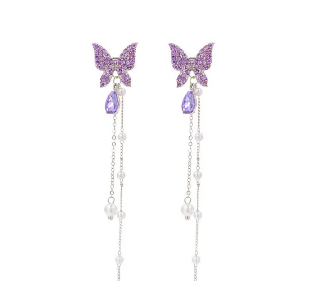 Purple Butterfly Gemstone Earrings – Elegant Pearl Tassel Danglers