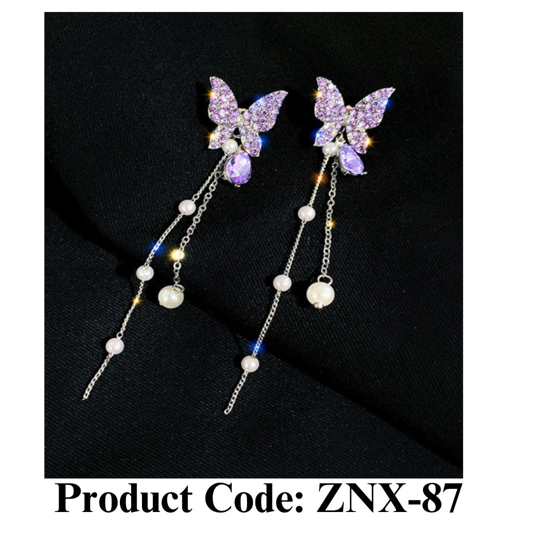Purple Butterfly Gemstone Earrings – Elegant Pearl Tassel Danglers
