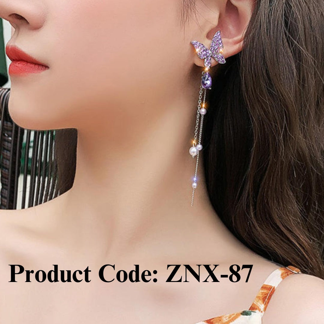 Purple Butterfly Gemstone Earrings – Elegant Pearl Tassel Danglers