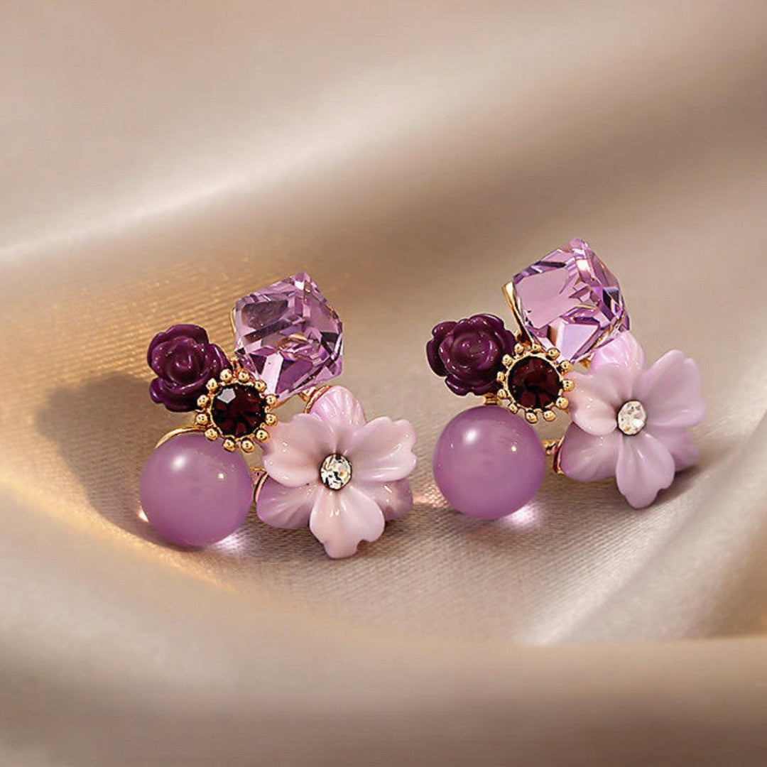 Purple Floral Gemstone Earrings – Elegant Gold‑Tone Danglers for Women
