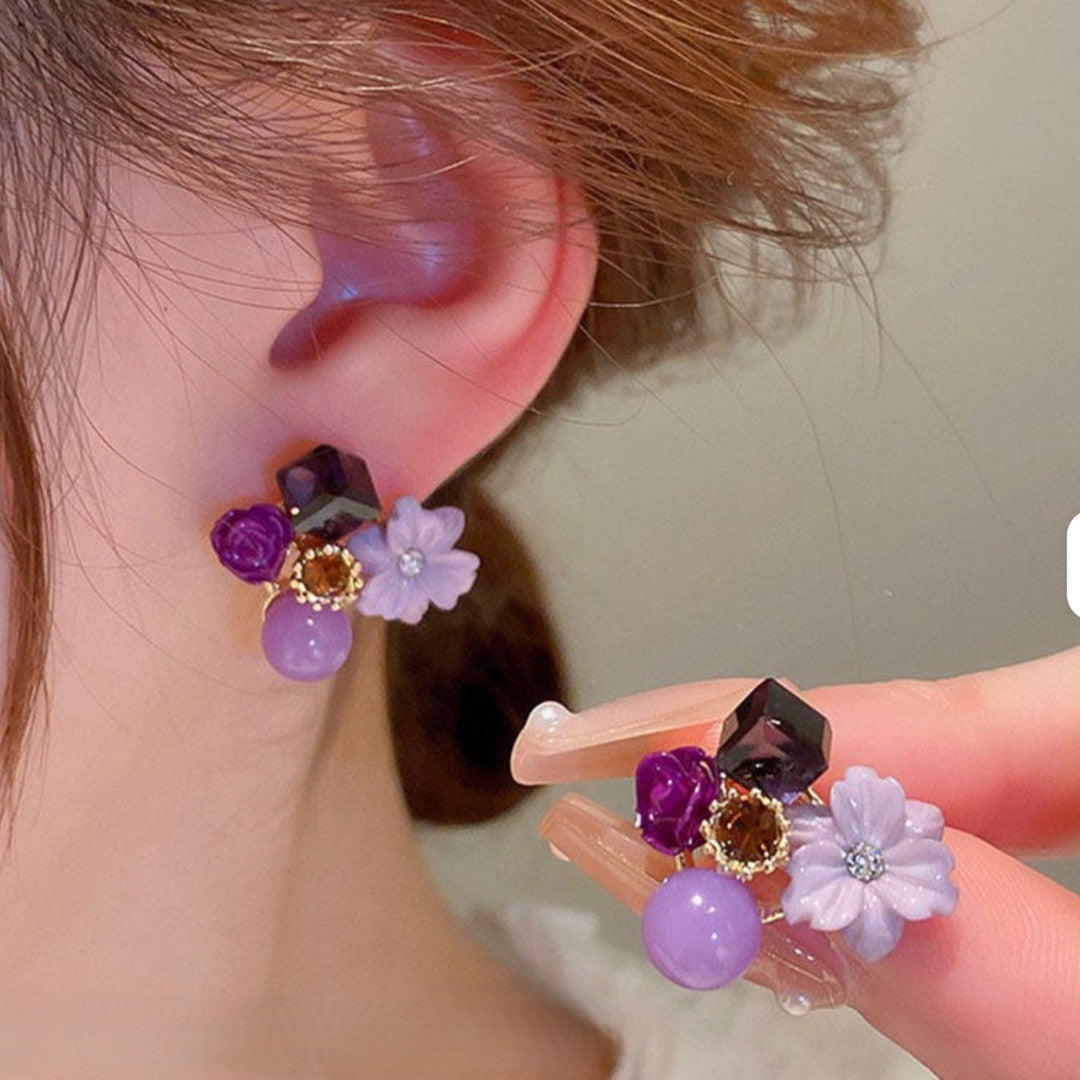 Purple Floral Gemstone Earrings – Elegant Gold‑Tone Danglers for Women