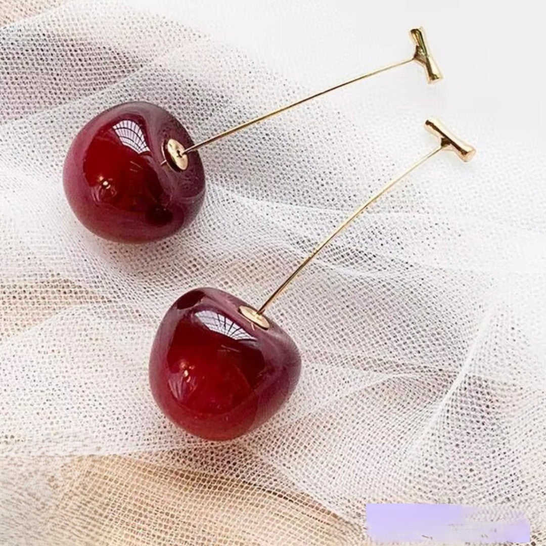 Cherry Drop Earrings – Playful Elegance in Gold Tone