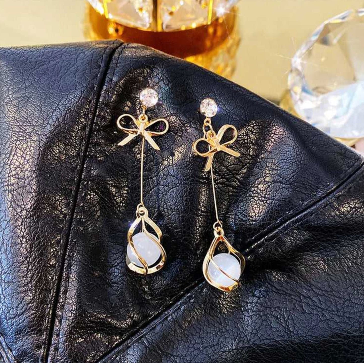 Gold Bow & Pearl Drop Earrings – Timeless Elegance for Women