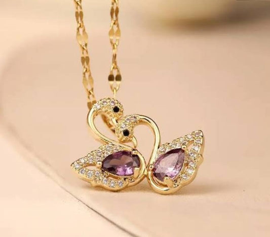 Gold Swan Pendant Necklace – Purple Gemstone & Crystal Detailing