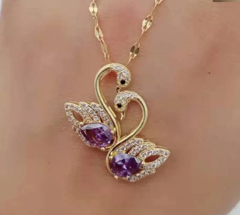 Gold Swan Pendant Necklace – Purple Gemstone & Crystal Detailing