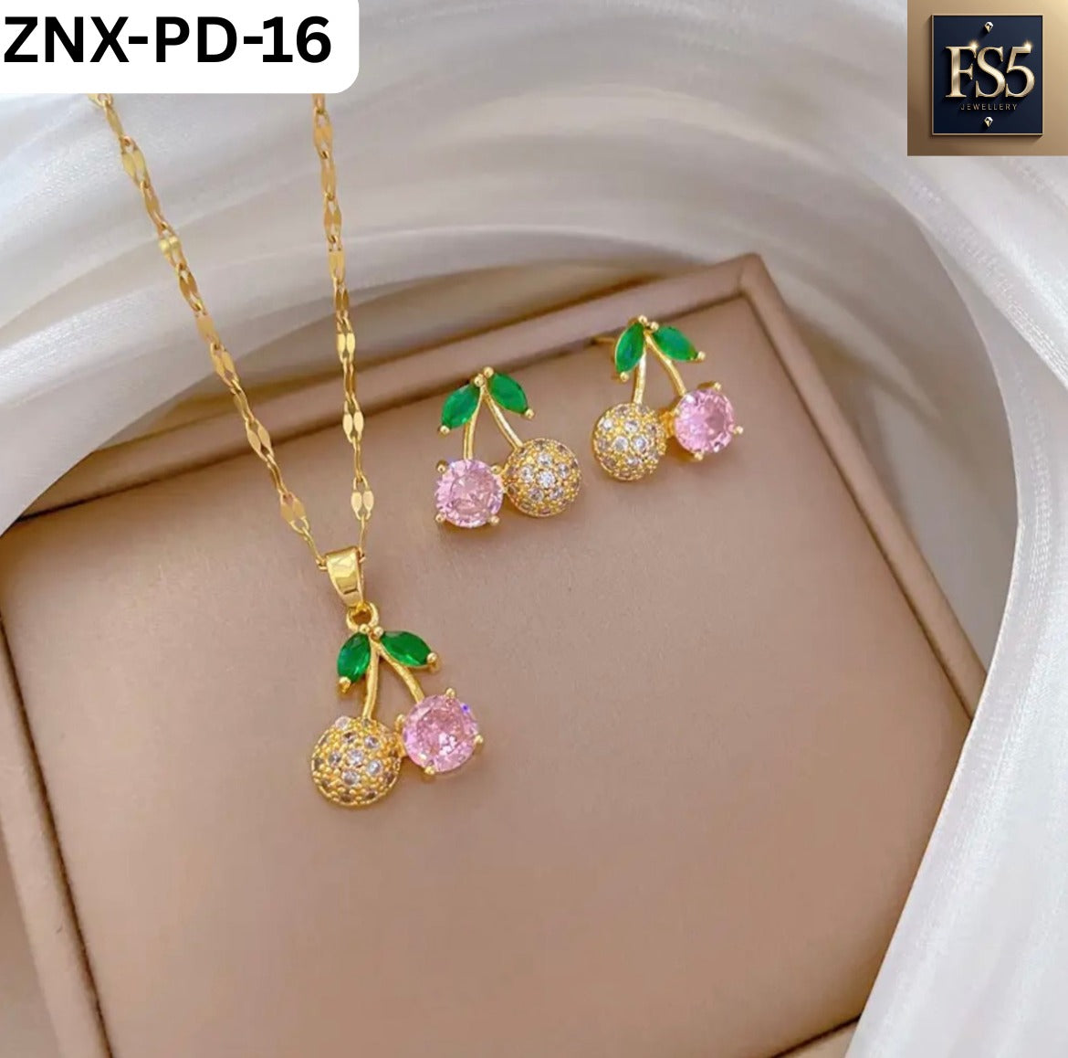 Cherry Jewelry Set – Pink Gemstone & Gold Crystal Design