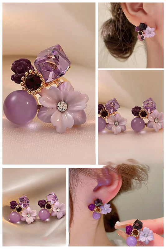 Purple Floral Gemstone Earrings – Elegant Gold‑Tone Danglers for Women