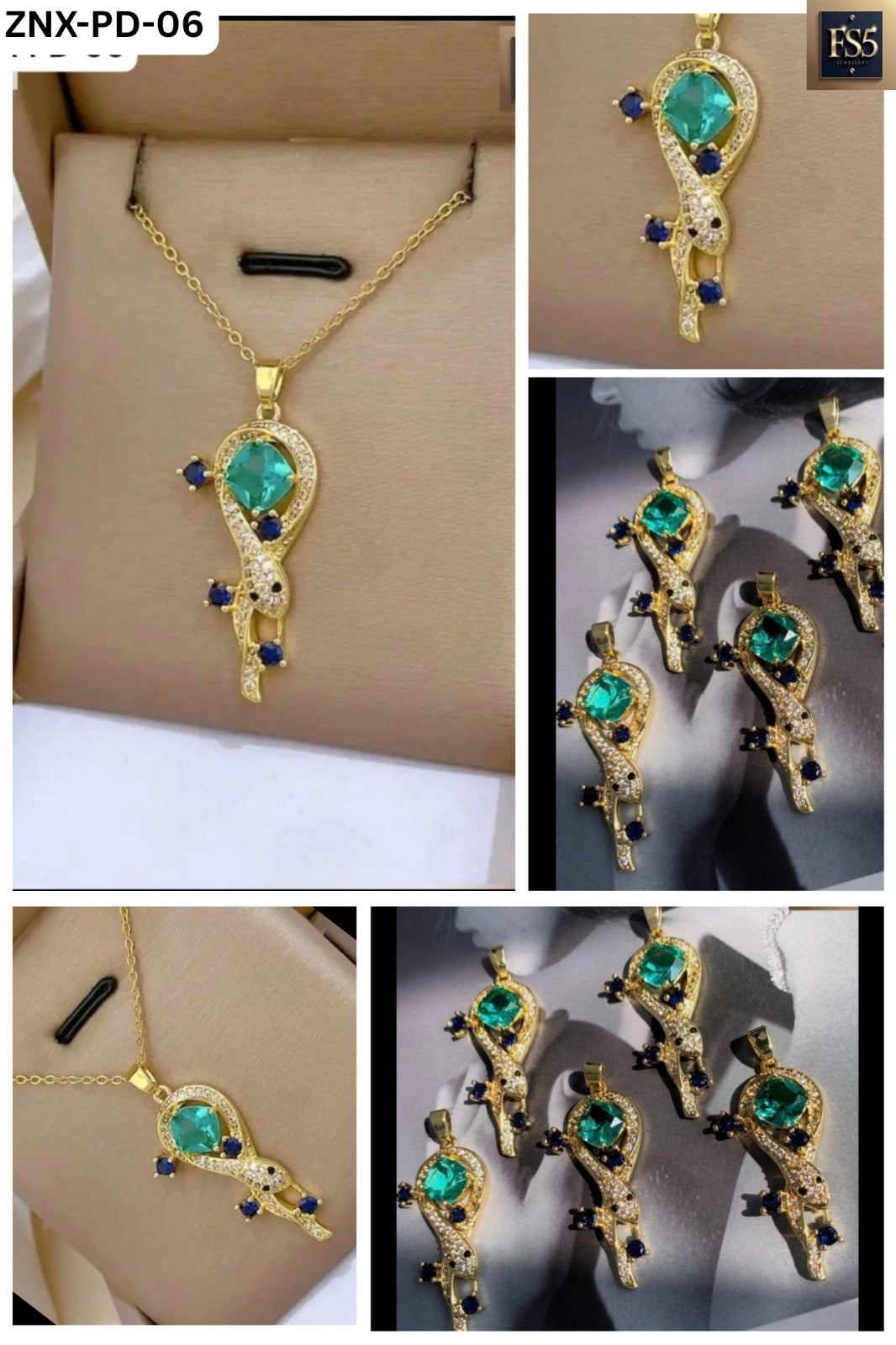 Gold Green Gemstone Pendant Necklace – Elegant Crystal & Blue Accent Design
