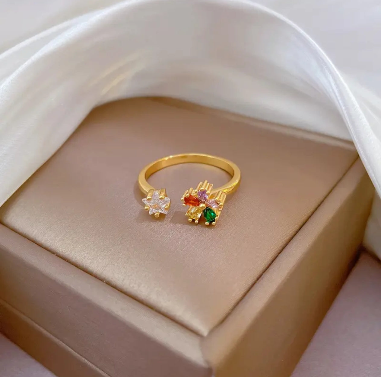 Gold Floral Gemstone Ring – Vibrant Multicolor Cluster Design