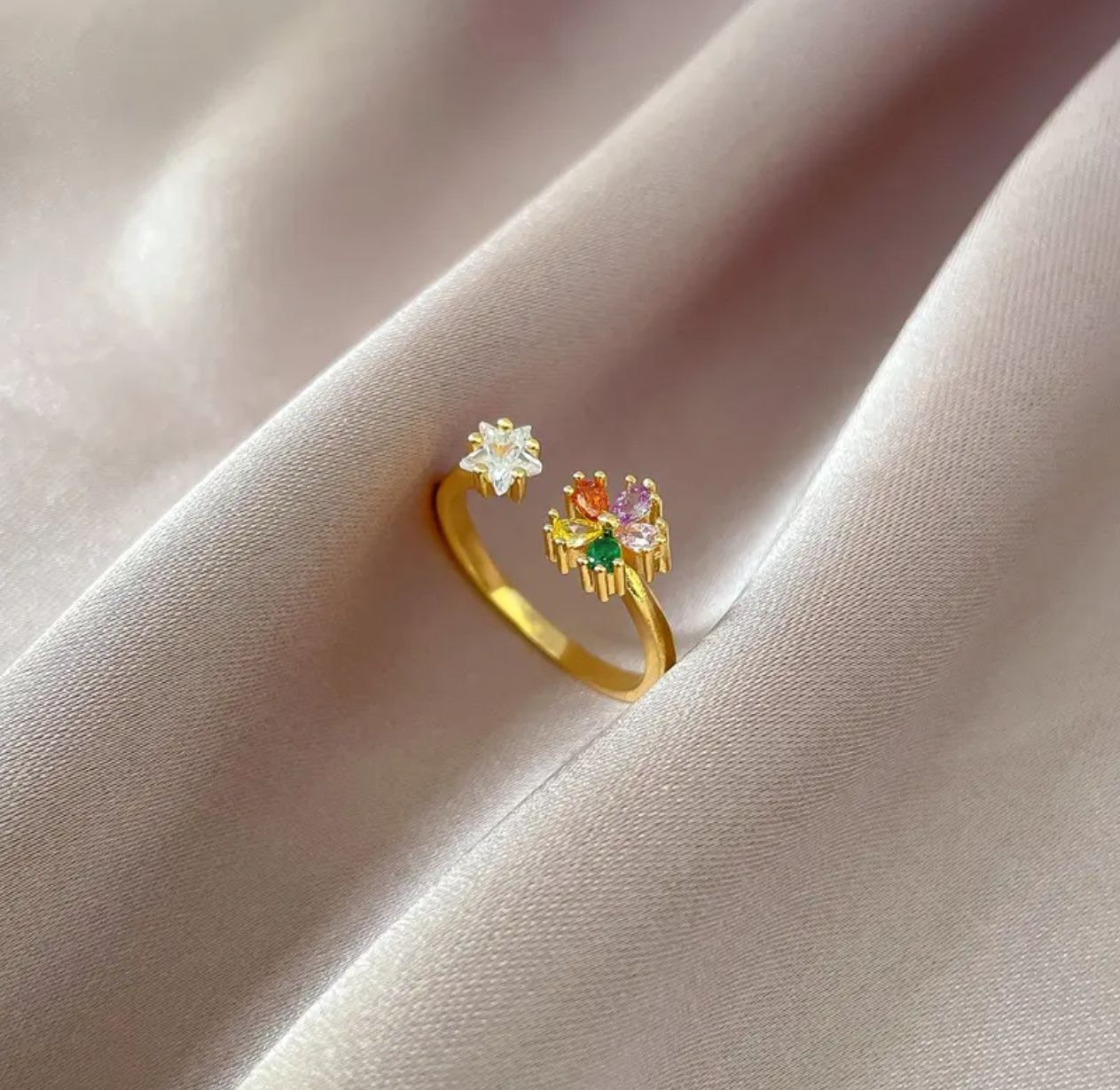 Gold Floral Gemstone Ring – Vibrant Multicolor Cluster Design