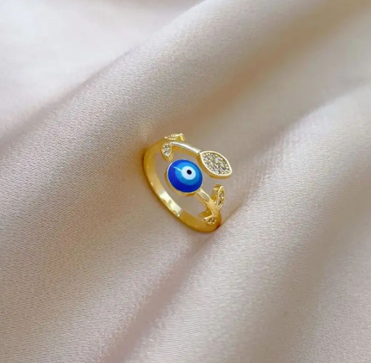 Gold Evil Eye Ring – Protective Charm with Crystal Leaf Accents
