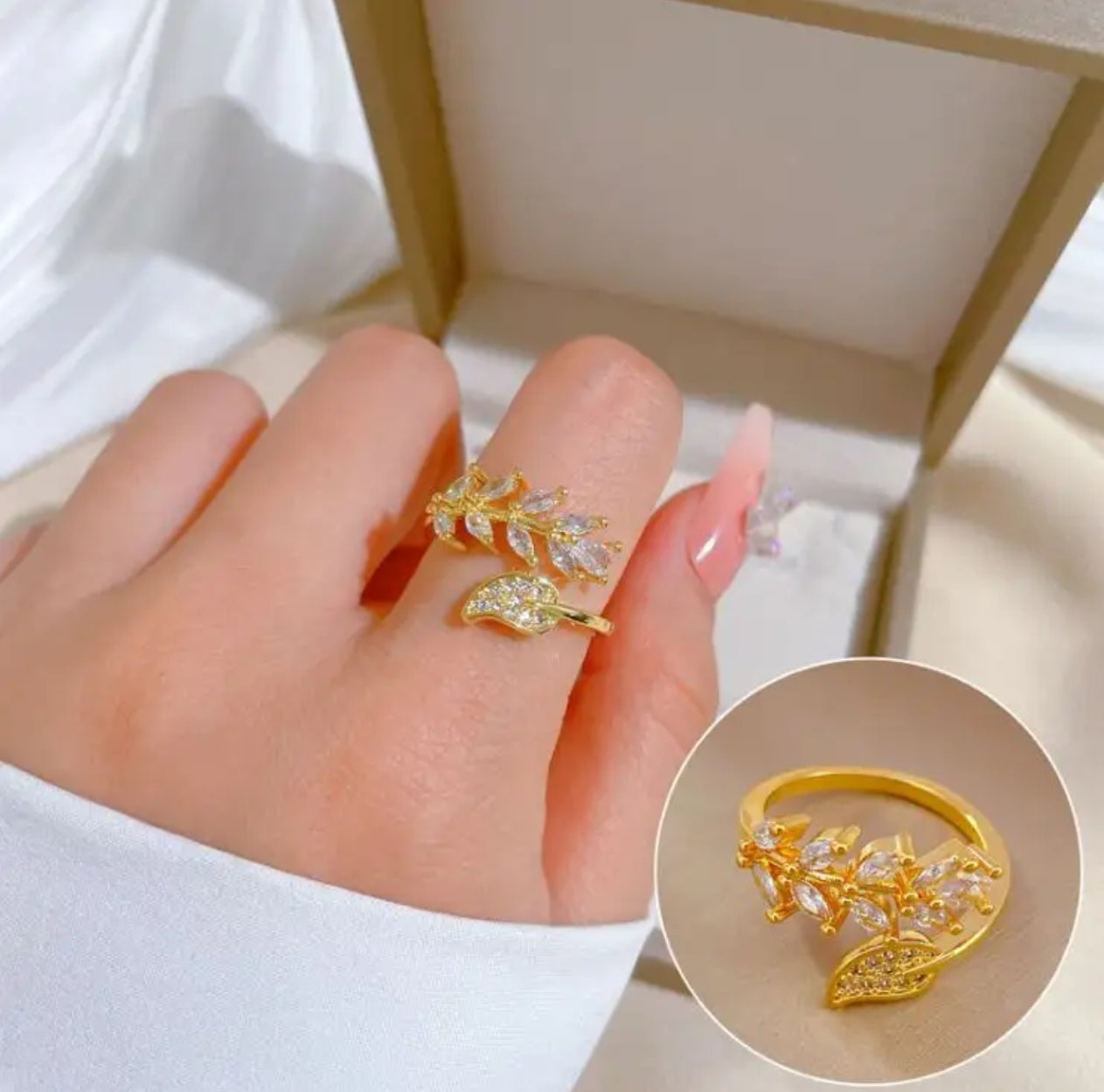 Gold Leaf & Branch Ring – Elegant Crystal Accent Jewelry