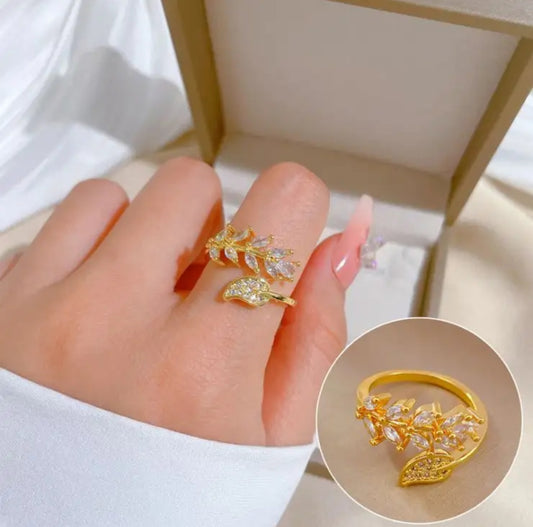 Gold Leaf & Branch Ring – Elegant Crystal Accent Jewelry