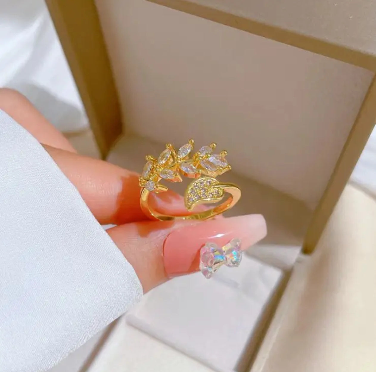 Gold Leaf & Branch Ring – Elegant Crystal Accent Jewelry