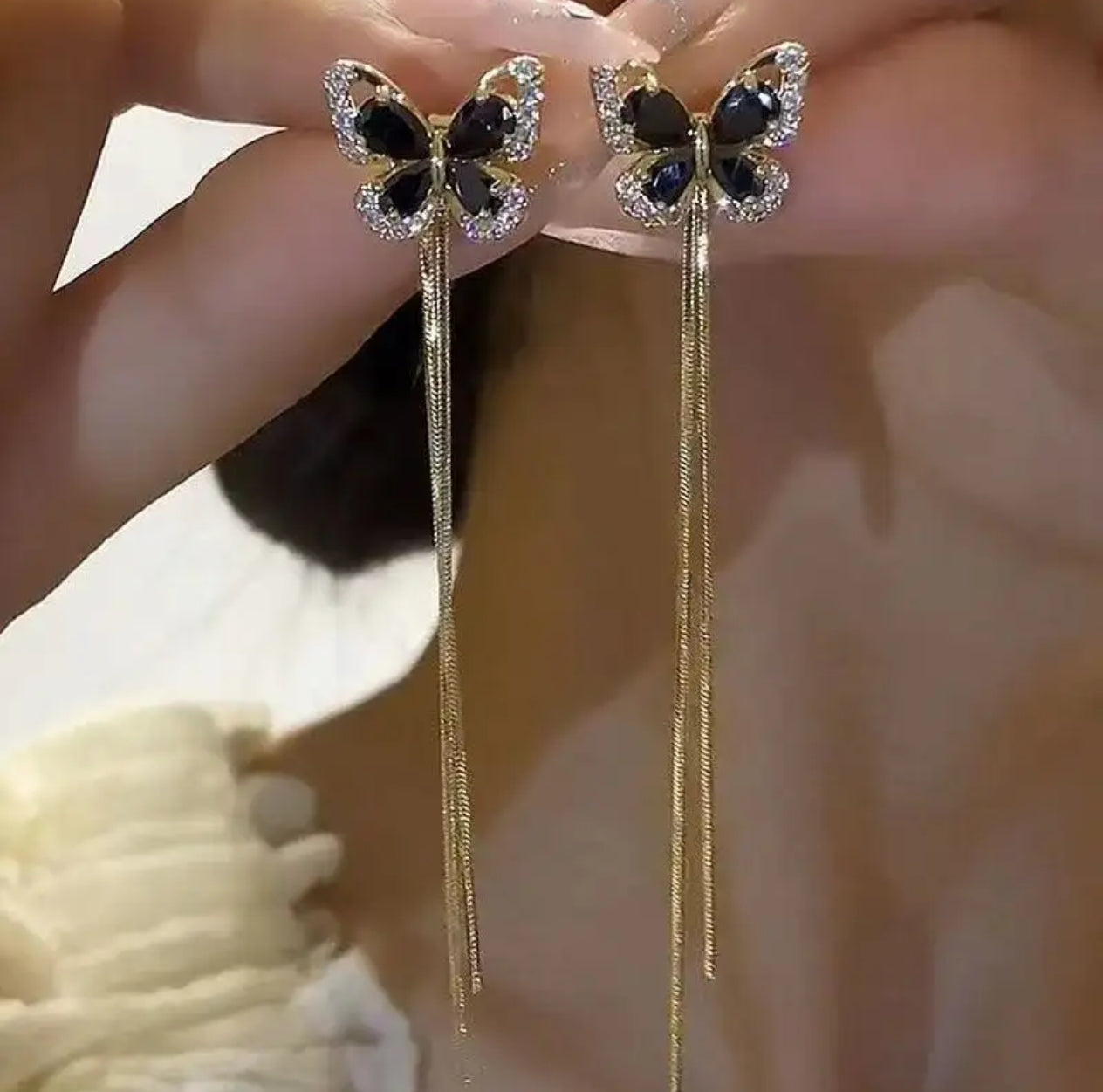 Butterfly Tassel Earrings – Elegant Black Gemstone & Gold Danglers