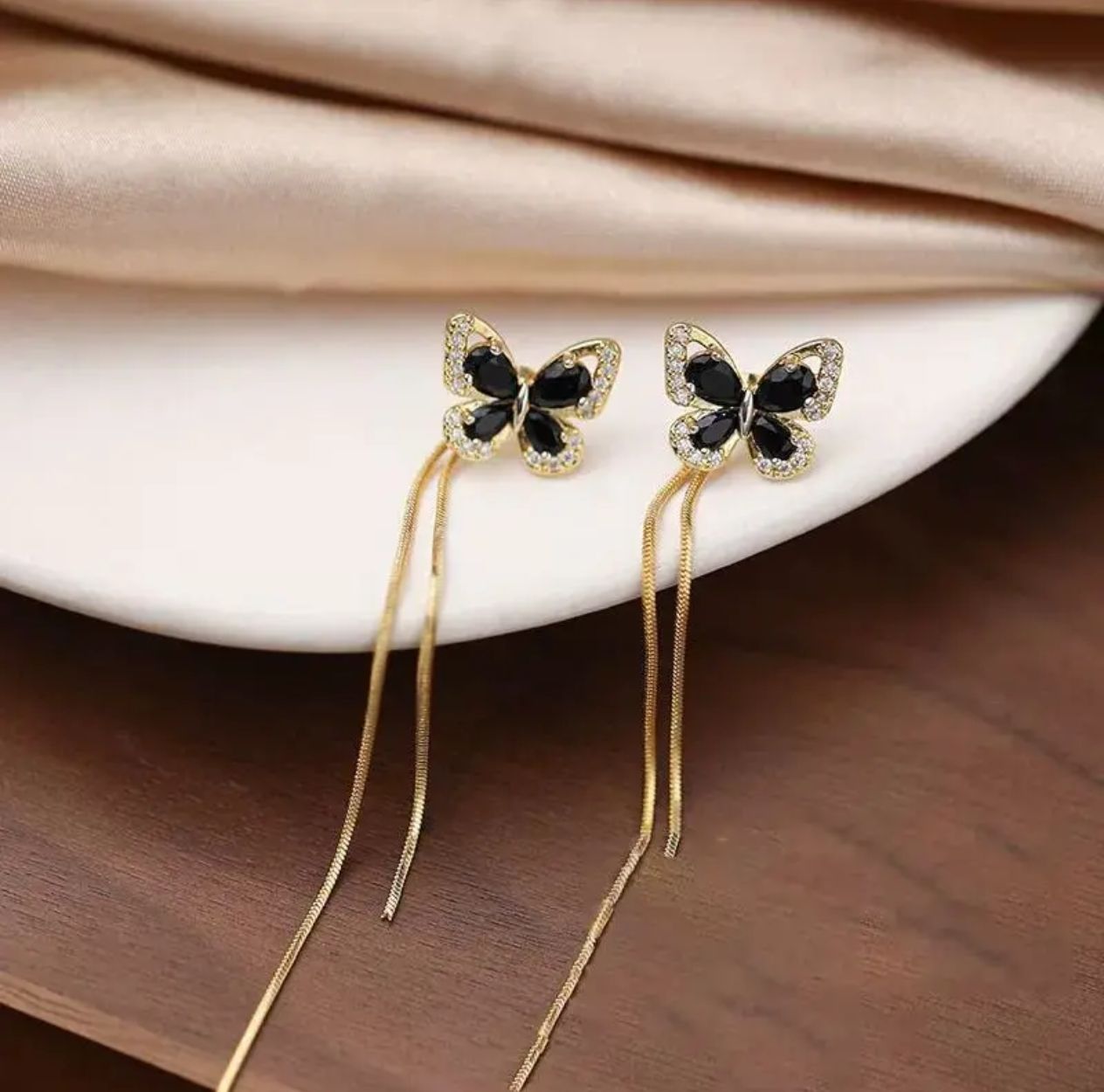 Butterfly Tassel Earrings – Elegant Black Gemstone & Gold Danglers