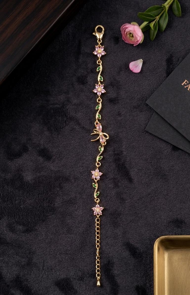 Gold Floral Bracelet with Pink Blossoms & Green Leaves – Elegant Nature‑Inspired Jewelry