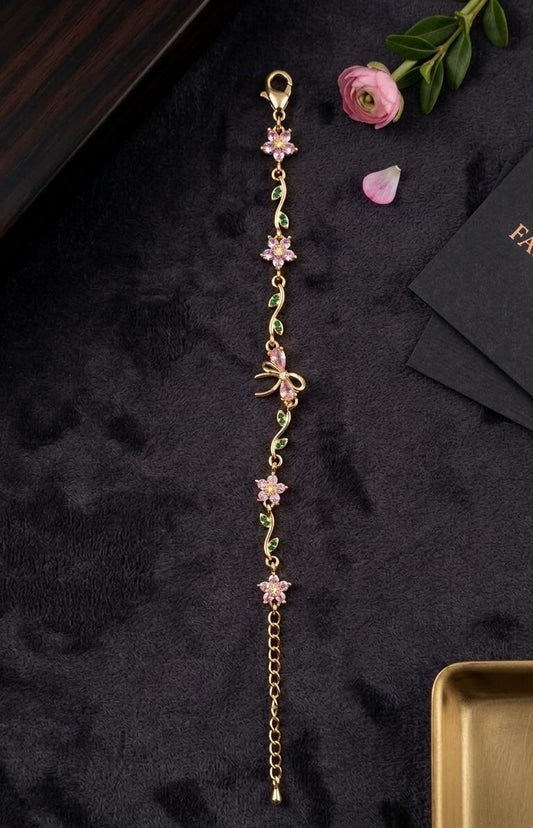 Gold Floral Bracelet with Pink Blossoms & Green Leaves – Elegant Nature‑Inspired Jewelry