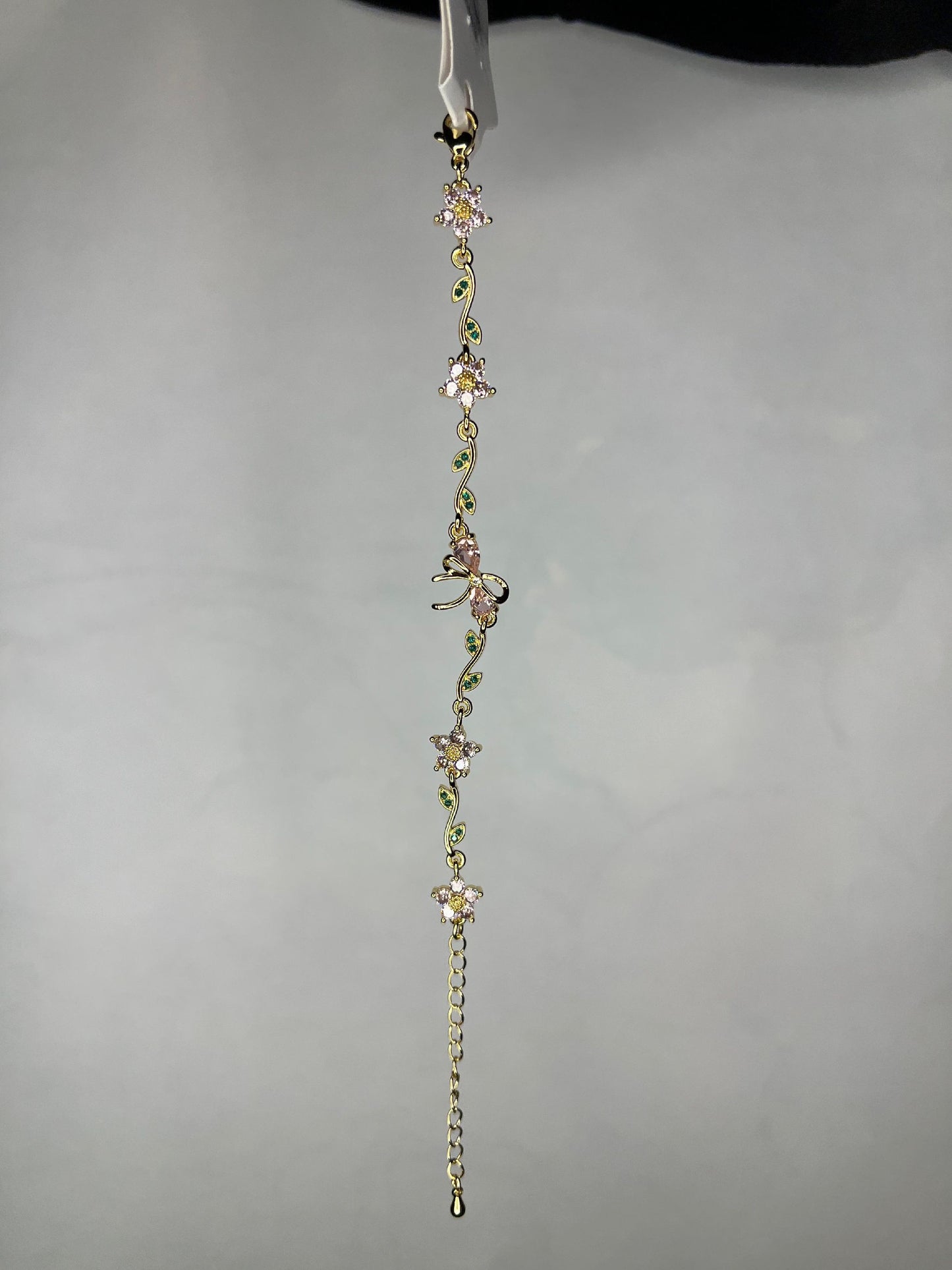 Gold Floral Bracelet with Pink Blossoms & Green Leaves – Elegant Nature‑Inspired Jewelry