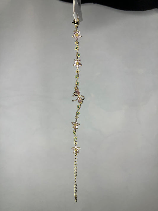 Gold Floral Bracelet with Pink Blossoms & Green Leaves – Elegant Nature‑Inspired Jewelry