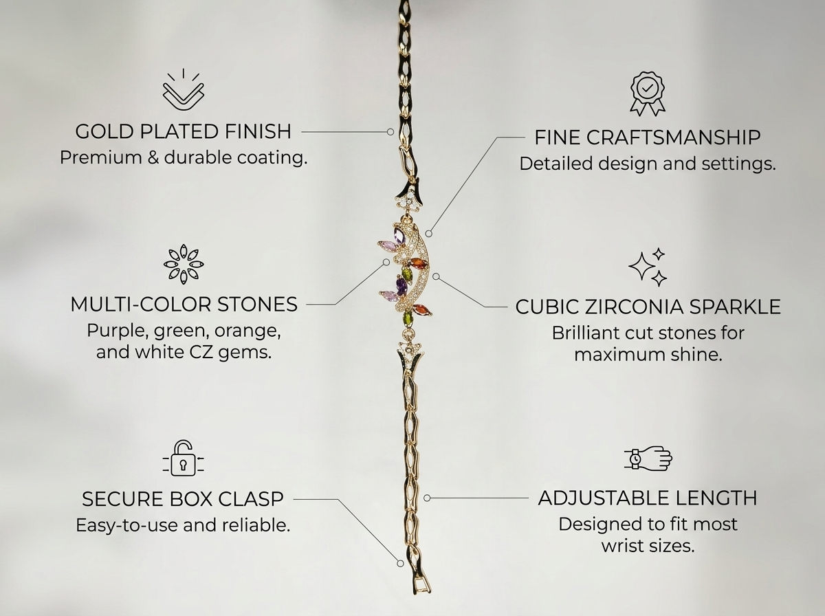 Detailed infographic showing gold plated finish, secure clasp, multi-color stones, and adjustable length features
