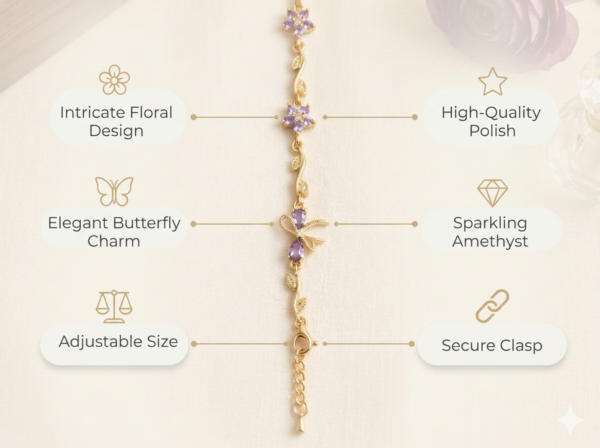 Detailed view highlighting bracelet features like intricate floral design, butterfly charm, amethyst stones, adjustable size, secure clasp, and high-quality polish