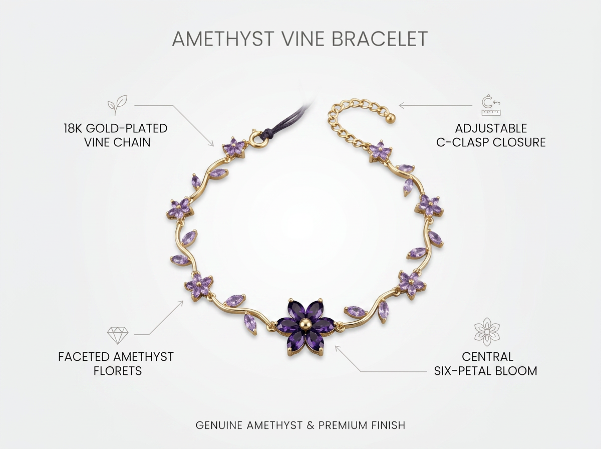 Annotated image highlighting bracelet features: 18K gold-plated vine chain, faceted amethyst florets, central six-petal bloom, adjustable clasp